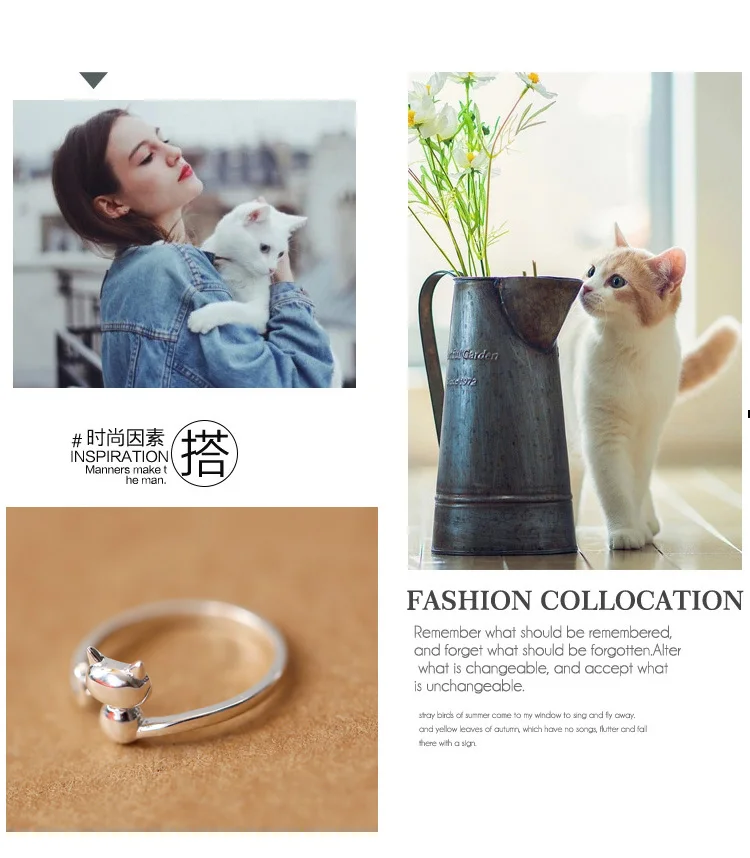 Silver Plated Jewelry Hot Popular New Fashion Korean Small Fresh Cute Cat Animal Opening Simple Rings    R004